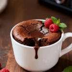 Air fryer mug brownie with a rich fudgy center, crackly chocolate top, and fresh raspberries