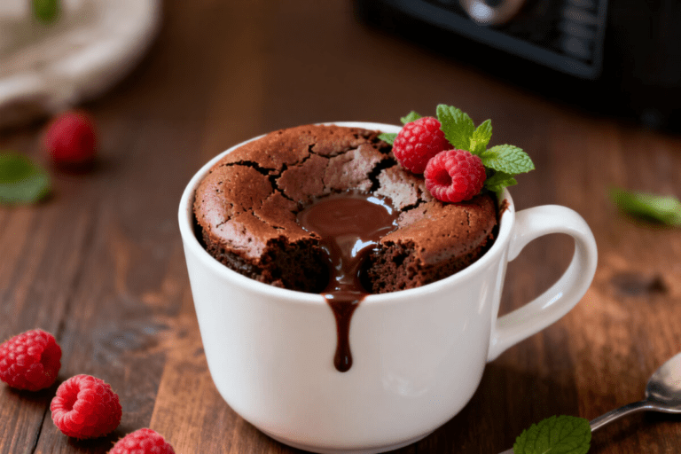 Air fryer mug brownie with a rich fudgy center, crackly chocolate top, and fresh raspberries