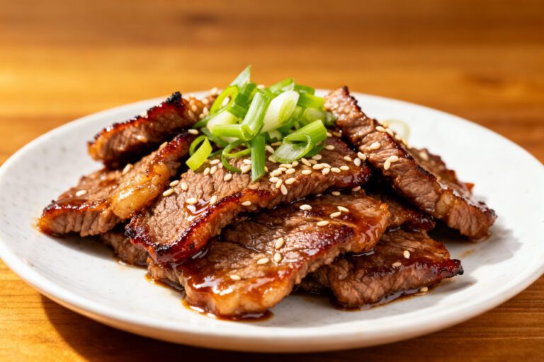 Air fryer bulgogi beef slices glazed with Korean style sauce and topped with green onions and sesame seeds