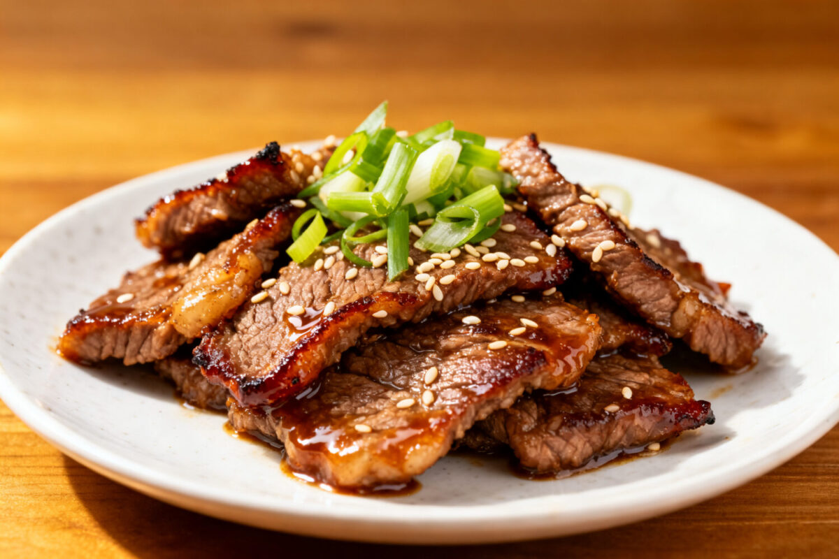 Air fryer bulgogi beef slices glazed with Korean style sauce and topped with green onions and sesame seeds