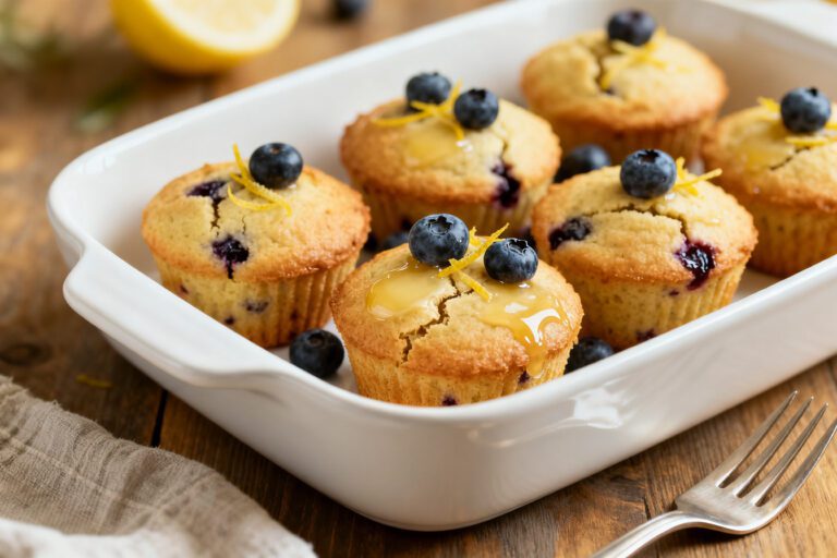 Fluffy air fryer mini muffins filled with blueberries and topped with fresh berries in a baking dish
