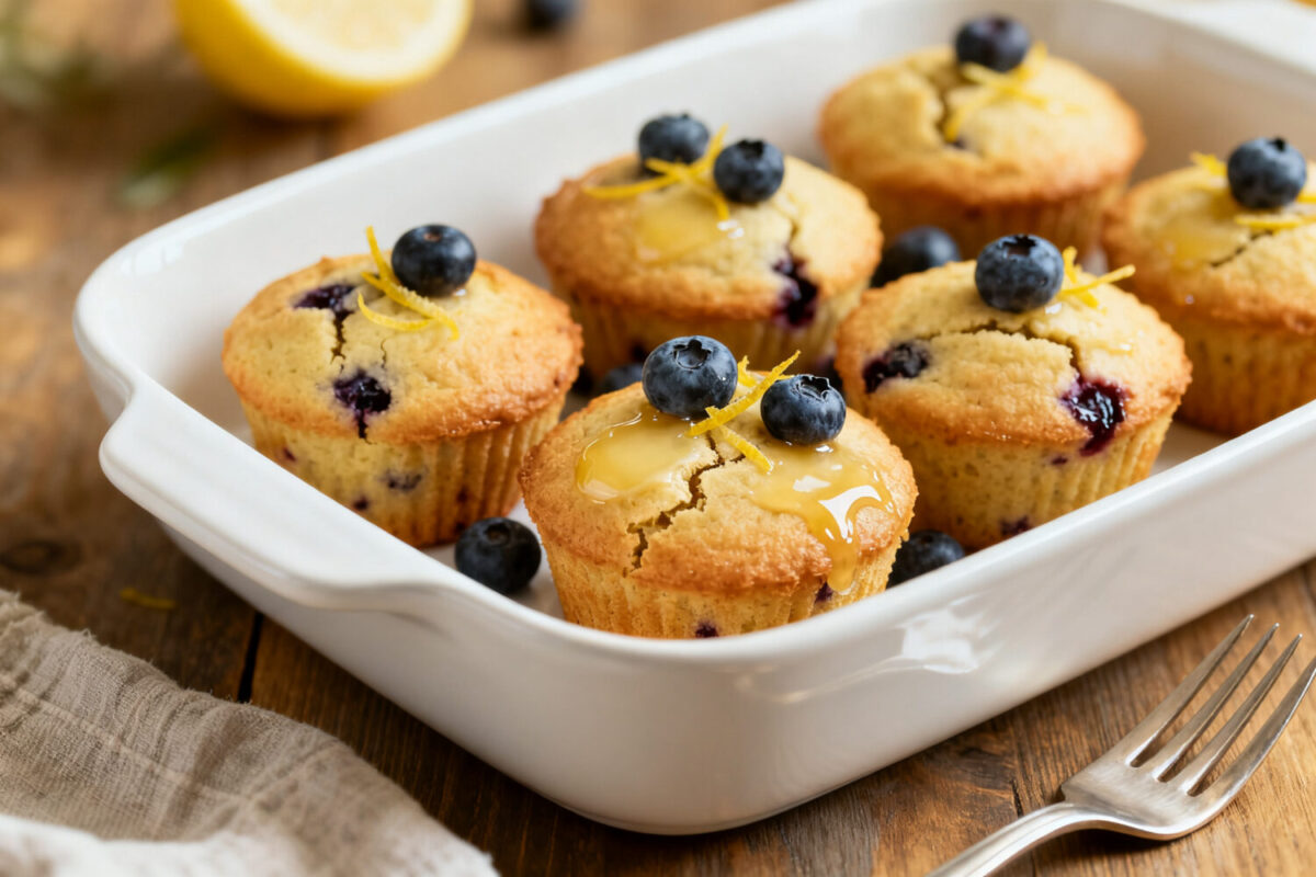 Fluffy air fryer mini muffins filled with blueberries and topped with fresh berries in a baking dish