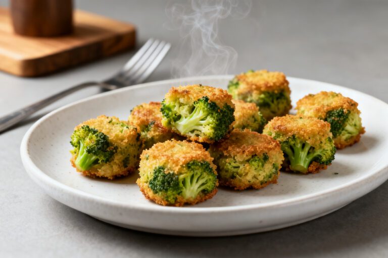 Crispy air fryer broccoli tots with a cheesy center and golden breadcrumb coating served on a plate