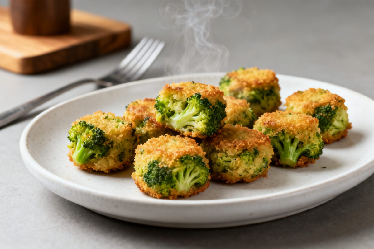 Crispy air fryer broccoli tots with a cheesy center and golden breadcrumb coating served on a plate
