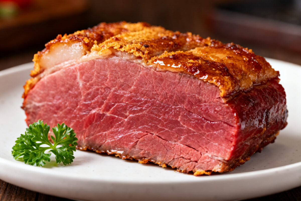 Tender air fryer corned beef with a juicy pink center and crispy seasoned crust served on a plate