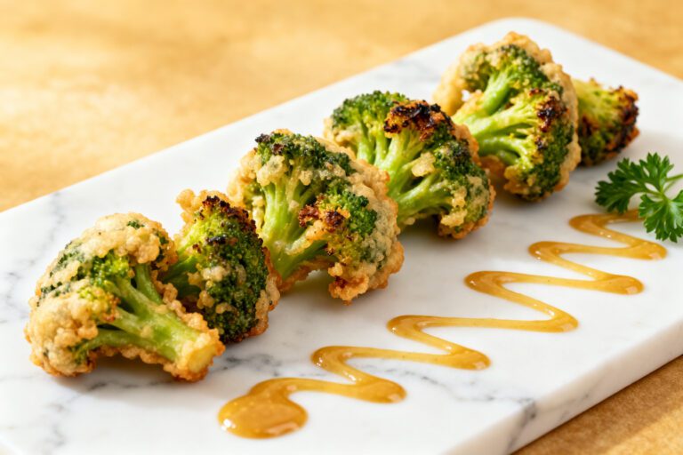 Crispy air fryer broccoli tempura with a light golden coating served on a platter with dipping sauce