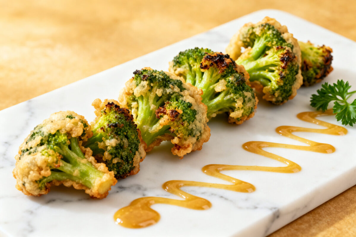 Crispy air fryer broccoli tempura with a light golden coating served on a platter with dipping sauce