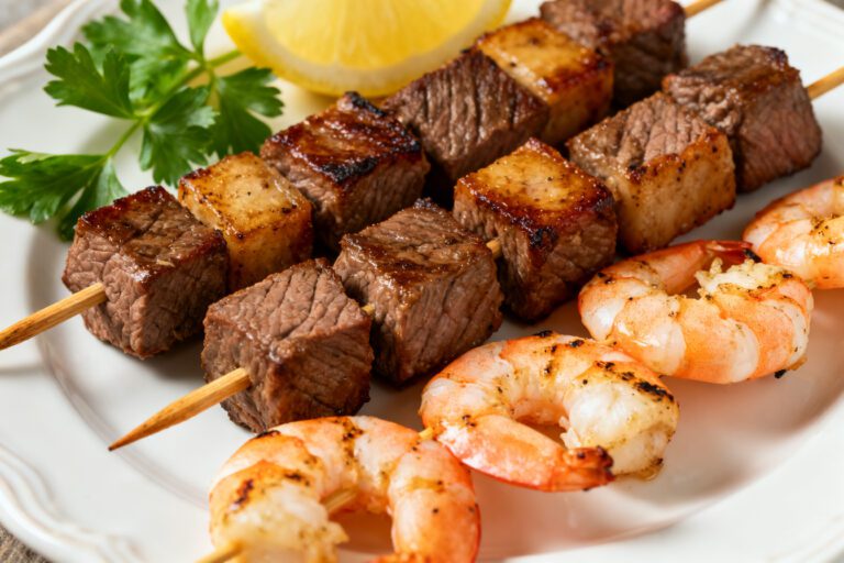 Air fryer steak and shrimp kabobs with juicy grilled beef, tender shrimp, and golden roasted vegetables