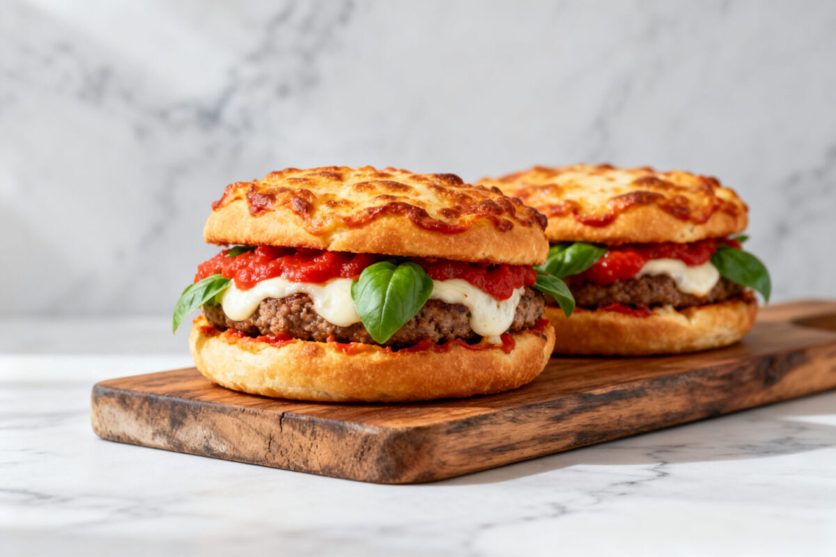 Juicy air fryer pizza burgers topped with melted mozzarella, pizza sauce, and fresh basil on toasted buns