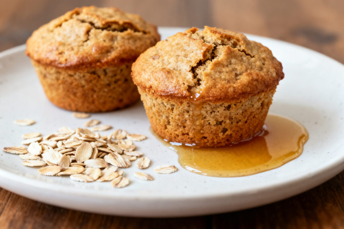 Fluffy air fryer oatmeal muffins made with wholesome oats and served with a drizzle of honey
