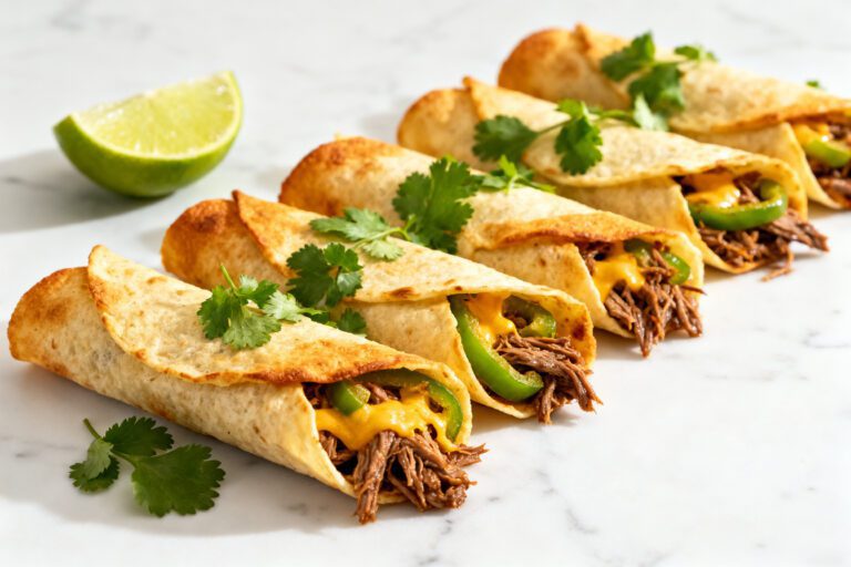 Crispy air fryer shredded beef taquitos filled with seasoned beef, melted cheese, and peppers