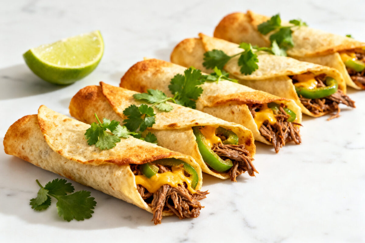 Crispy air fryer shredded beef taquitos filled with seasoned beef, melted cheese, and peppers