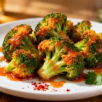 Crispy air fryer buffalo broccoli coated in spicy buffalo sauce and served as a flavorful appetizer
