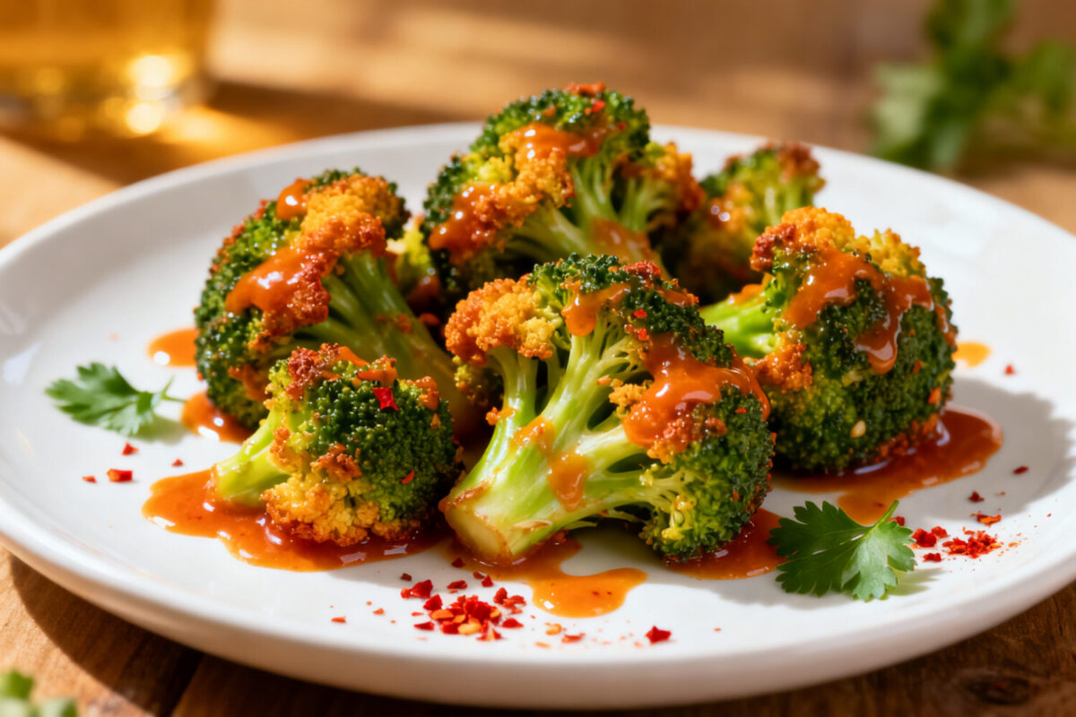 Crispy air fryer buffalo broccoli coated in spicy buffalo sauce and served as a flavorful appetizer