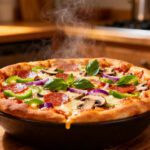 Air fryer pizza bowl loaded with melted cheese, pepperoni, vegetables, and savory pizza toppings