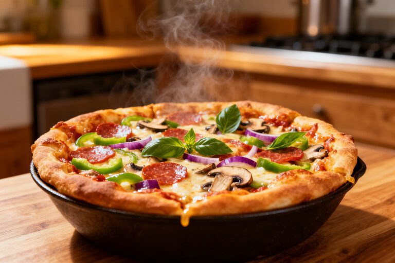 Air fryer pizza bowl loaded with melted cheese, pepperoni, vegetables, and savory pizza toppings