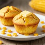 Golden air fryer corn muffins topped with melting butter and served with sweet corn kernels