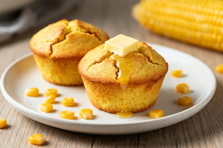 Golden air fryer corn muffins topped with melting butter and served with sweet corn kernels