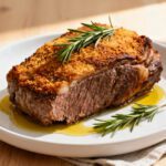Tender air fryer beef chuck roast sliced on a plate with rosemary and savory pan juices