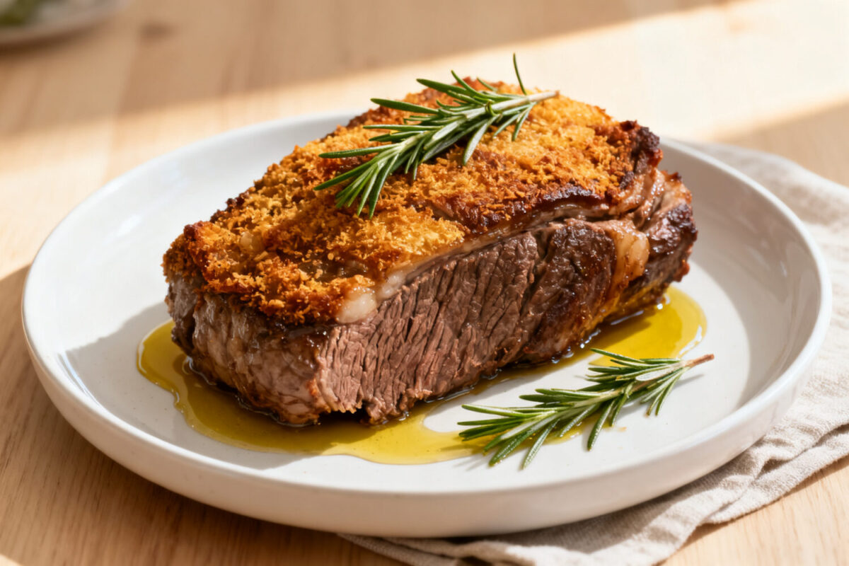 Tender air fryer beef chuck roast sliced on a plate with rosemary and savory pan juices