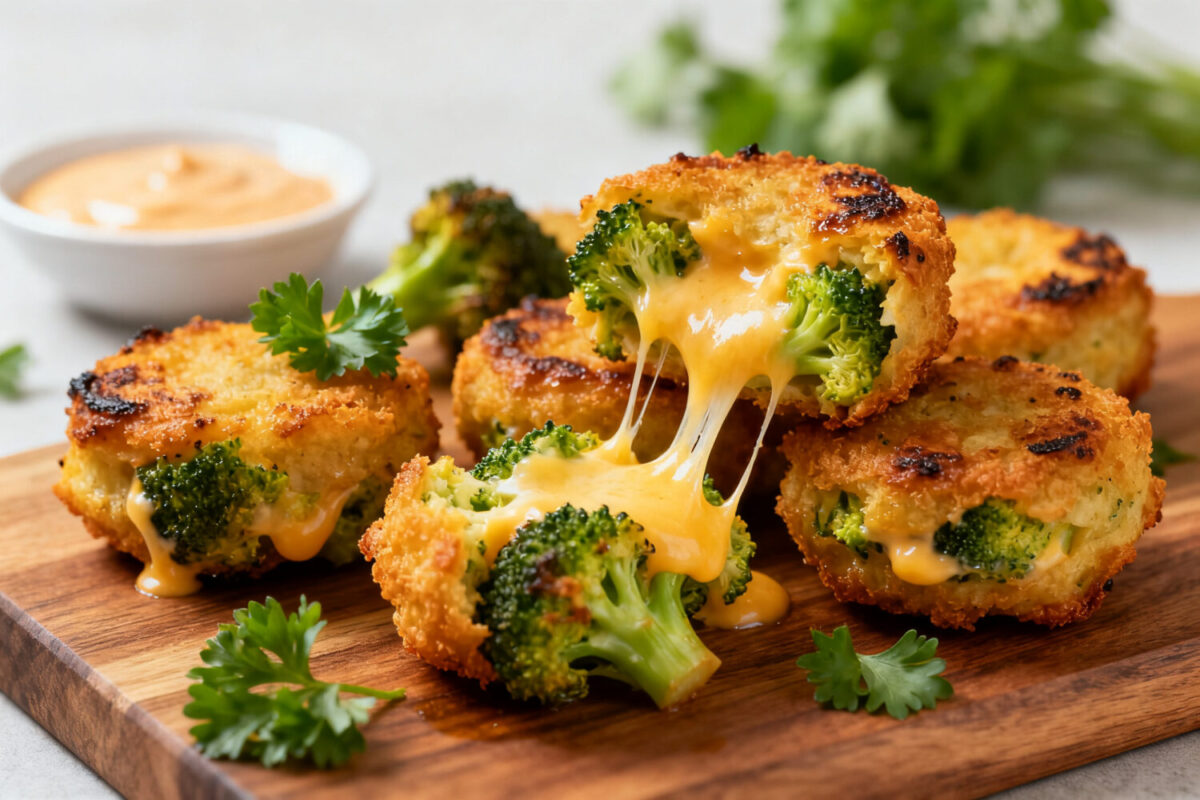 Crispy air fryer broccoli cheese bites with melted cheddar cheese and tender broccoli centers