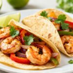 Easy air fryer shrimp fajitas served in warm tortillas with colorful peppers, onions, and lime