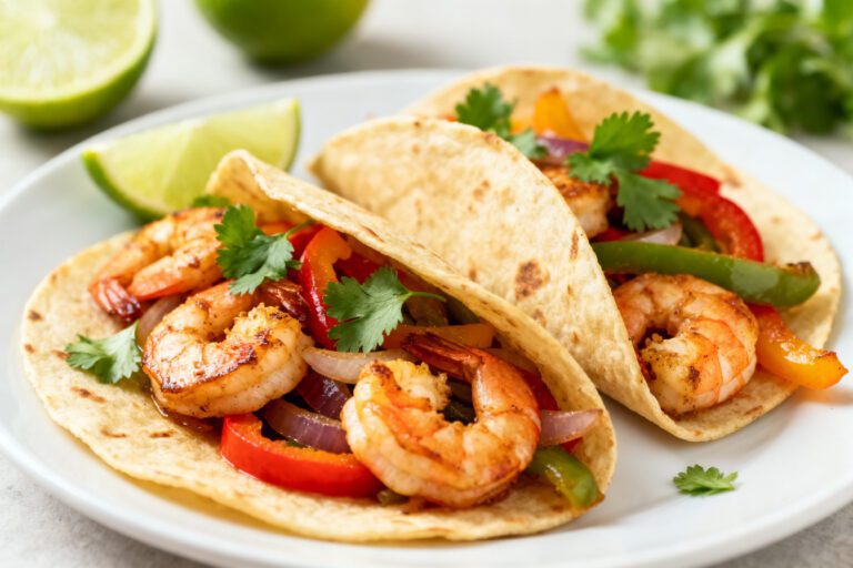Easy air fryer shrimp fajitas served in warm tortillas with colorful peppers, onions, and lime