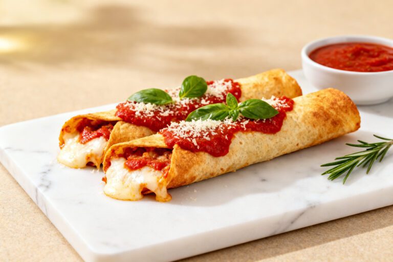 Crispy air fryer pizza taquitos filled with melted cheese and topped with marinara sauce and basil