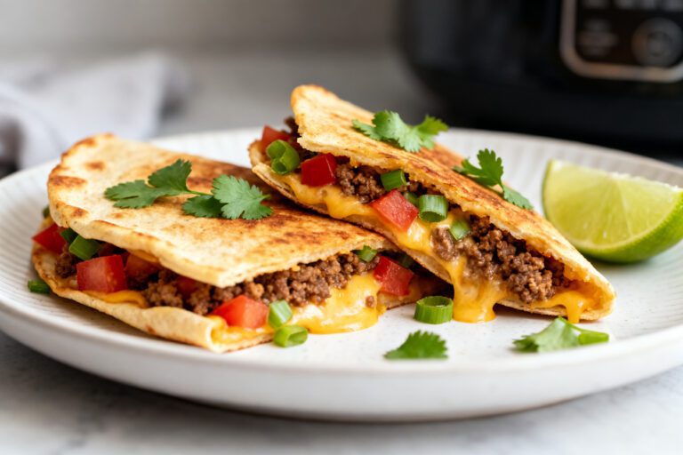 Crispy air fryer beef quesadilla filled with seasoned ground beef, melted cheese, peppers, and onions