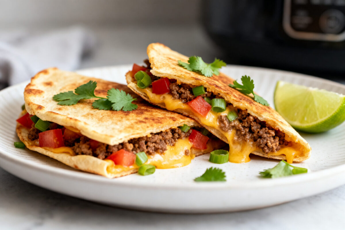 Crispy air fryer beef quesadilla filled with seasoned ground beef, melted cheese, peppers, and onions