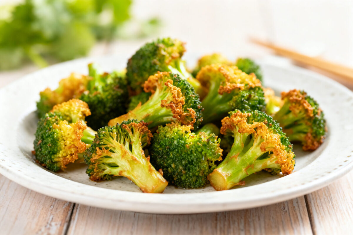 Asian style air fryer broccoli with crispy roasted edges and a savory flavorful seasoning