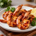 Juicy air fryer BBQ shrimp coated in a sweet and smoky barbecue glaze served with lemon wedges