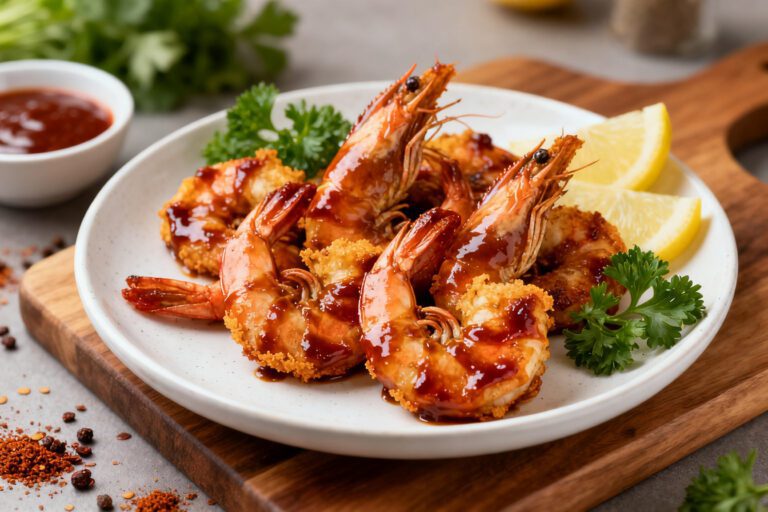 Juicy air fryer BBQ shrimp coated in a sweet and smoky barbecue glaze served with lemon wedges