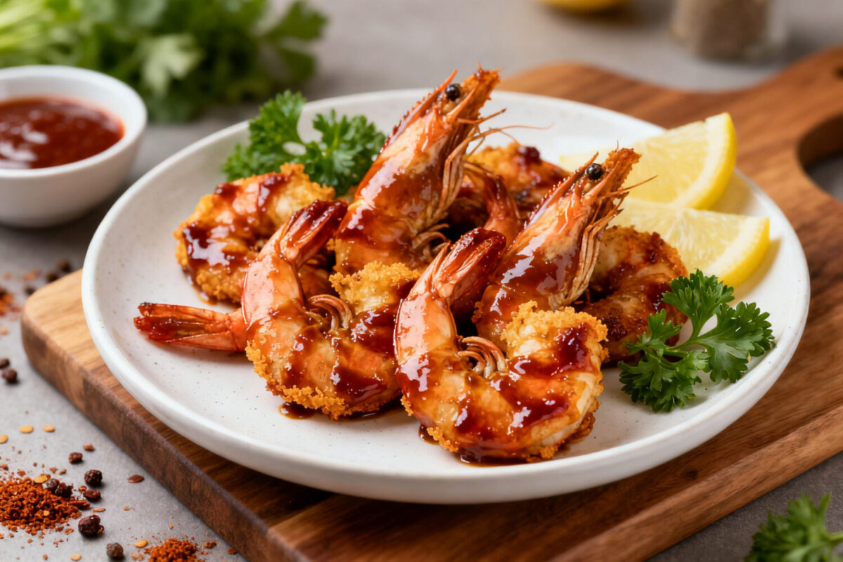 Juicy air fryer BBQ shrimp coated in a sweet and smoky barbecue glaze served with lemon wedges
