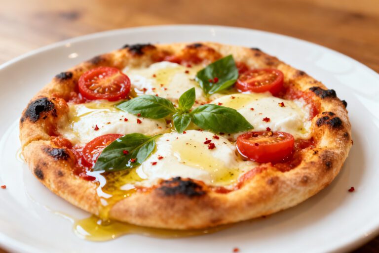 Mini air fryer pizza topped with melted mozzarella cheese, cherry tomatoes, basil, and tomato sauce