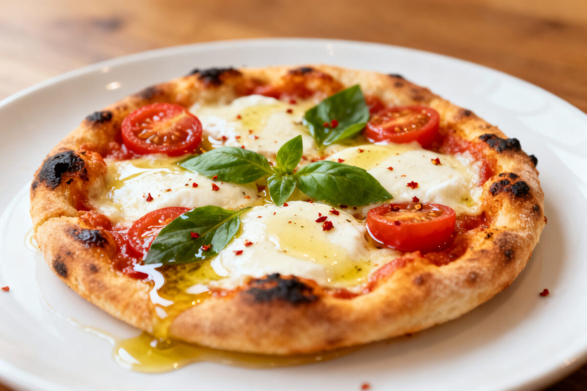 Mini air fryer pizza topped with melted mozzarella cheese, cherry tomatoes, basil, and tomato sauce