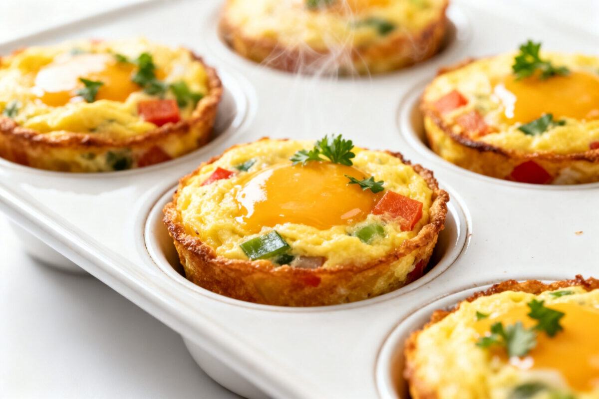Air fryer egg muffin cups baked with eggs, cheese, and colorful vegetables for a protein packed breakfast