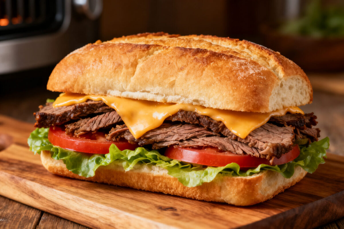 Air fryer roast beef sandwich loaded with tender sliced beef, melted cheese, lettuce, and tomato on a crusty roll