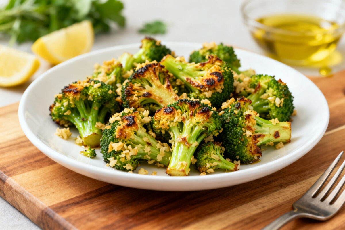 Air fryer smashed broccoli with crispy roasted edges, garlic seasoning, and golden crunchy bits