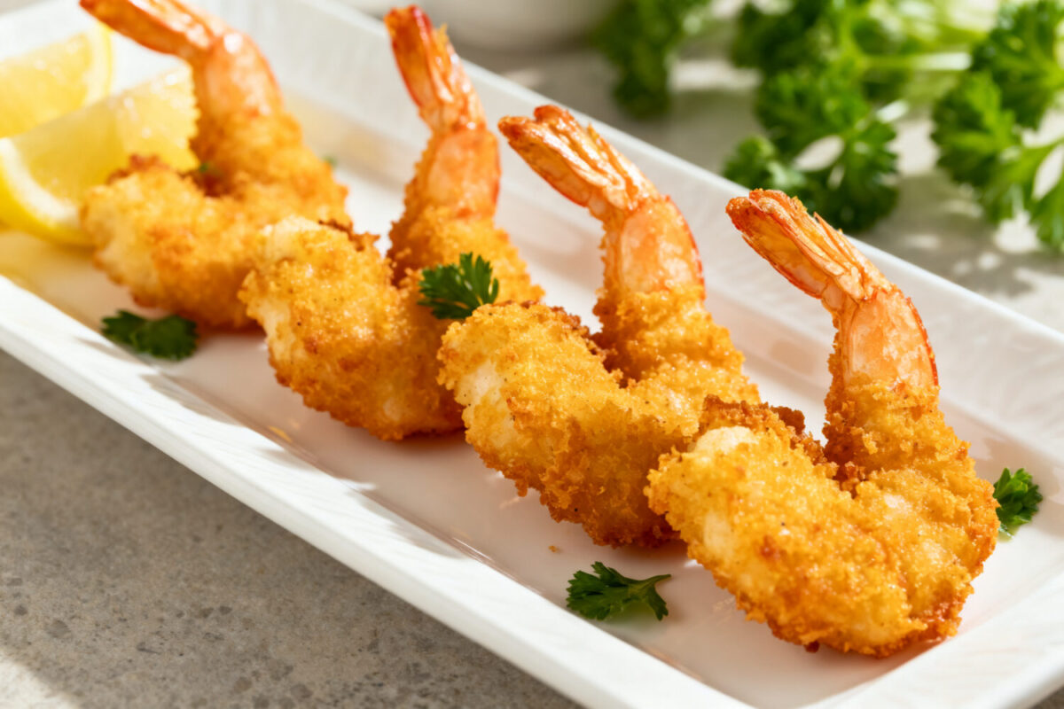Crispy air fryer butterfly shrimp with a golden crunchy coating served with lemon wedges and fresh herbs