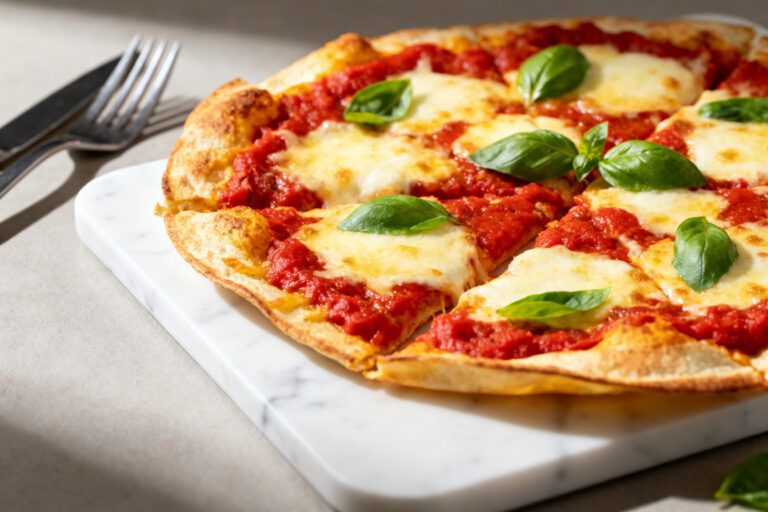 Air fryer tortilla wrap pizza with melted mozzarella cheese, tomato sauce, and fresh basil on a crispy tortilla crust