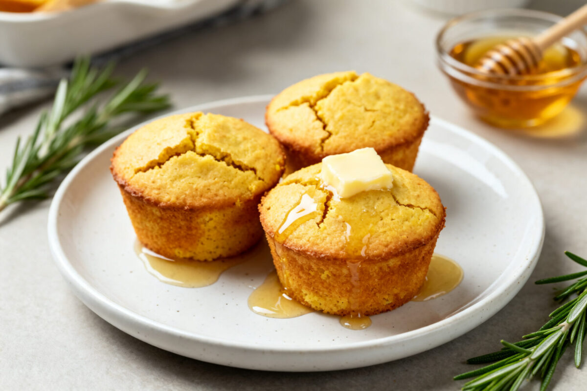 Golden air fryer cornbread muffins topped with melting butter and drizzled with honey