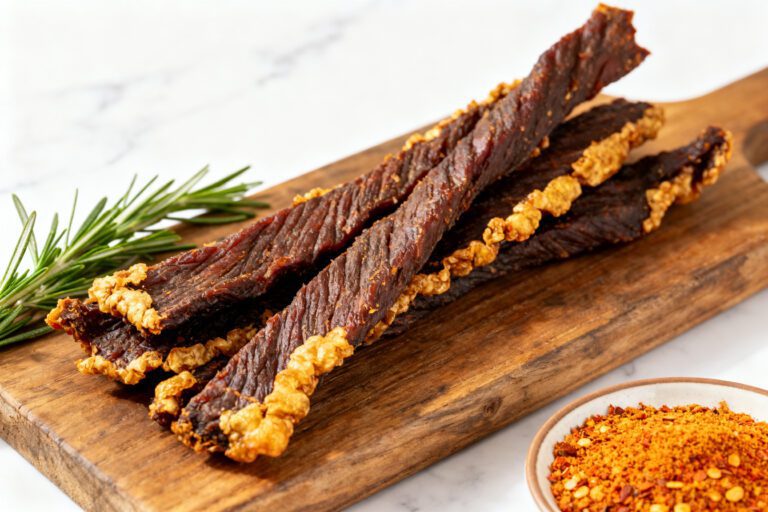 Homemade air fryer beef jerky strips with a rich savory seasoning and chewy texture