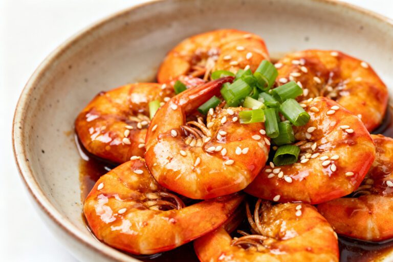Juicy air fryer teriyaki shrimp glazed with sweet savory sauce and topped with sesame seeds and green onions