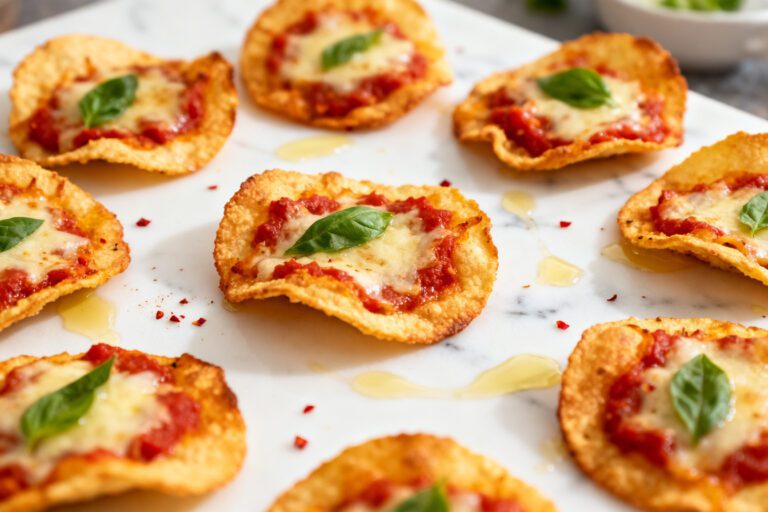 Crispy air fryer pizza chips topped with melted cheese, tomato sauce, and fresh basil