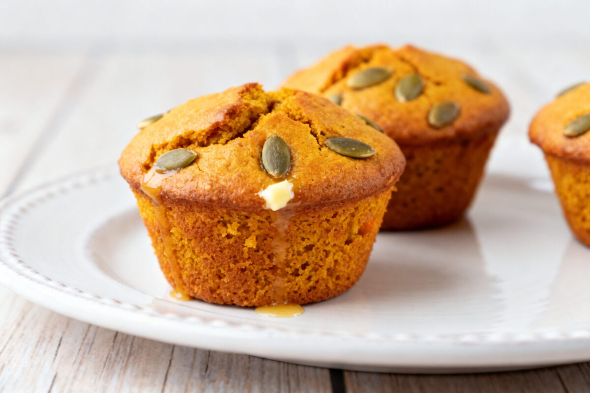 Soft air fryer pumpkin muffins topped with pumpkin seeds and baked until golden and fluffy