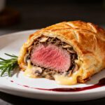 Air fryer beef Wellington with tender medium rare beef, mushrooms, and flaky golden puff pastry