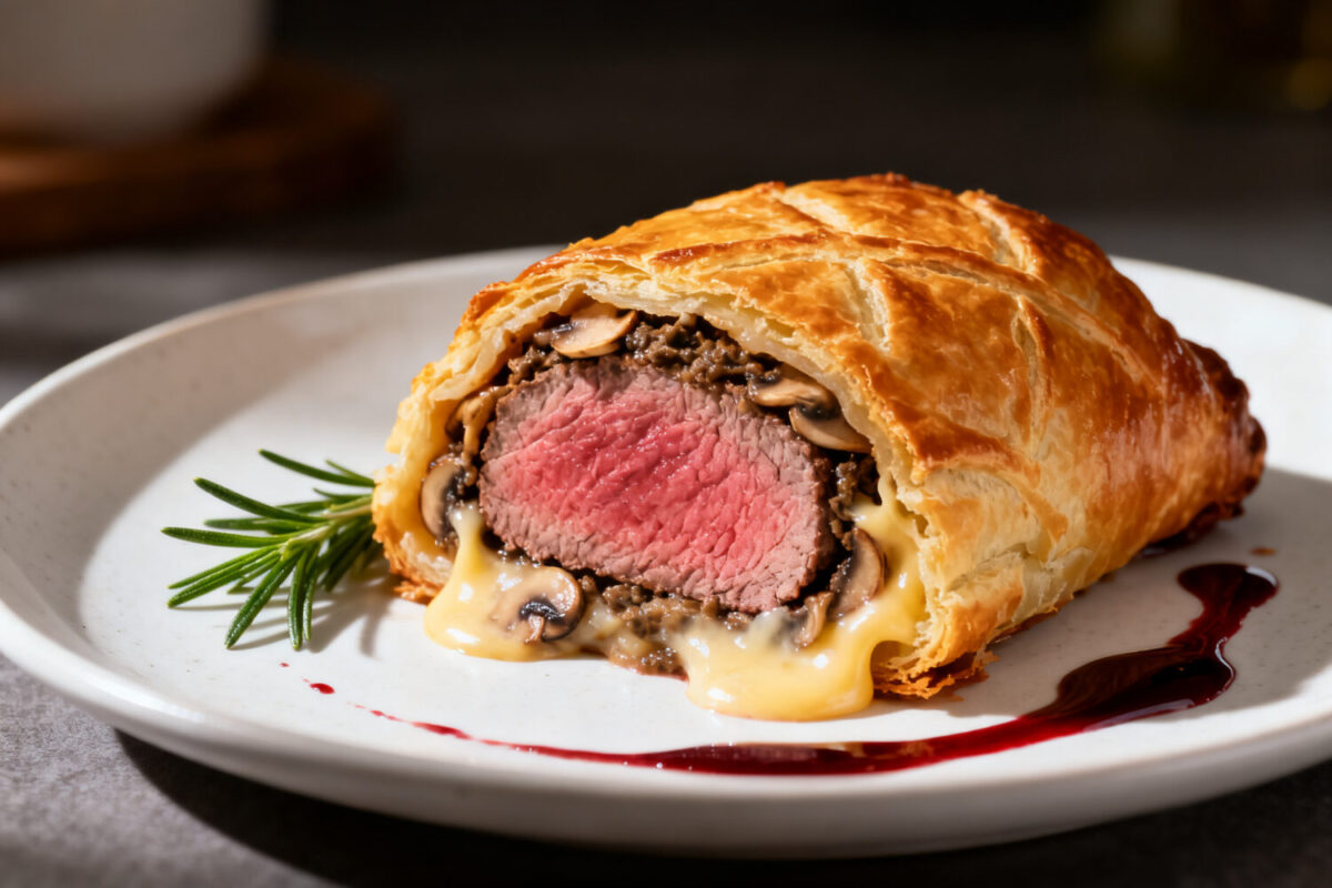 Air fryer beef Wellington with tender medium rare beef, mushrooms, and flaky golden puff pastry