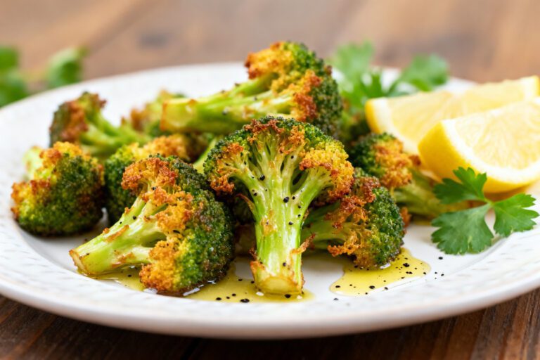 Crispy air fryer broccoli with golden roasted edges, tender centers, and fresh lemon wedges