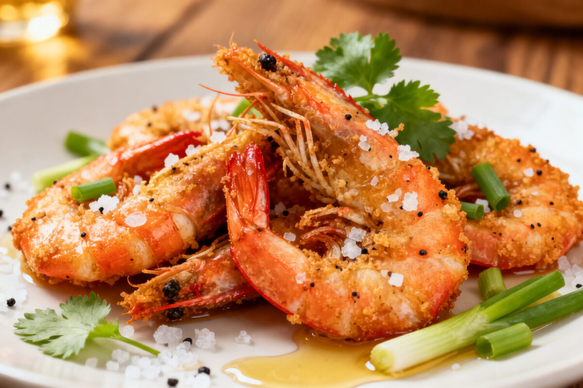 Crispy air fryer salt and pepper shrimp seasoned with coarse salt, cracked pepper, and fresh herbs